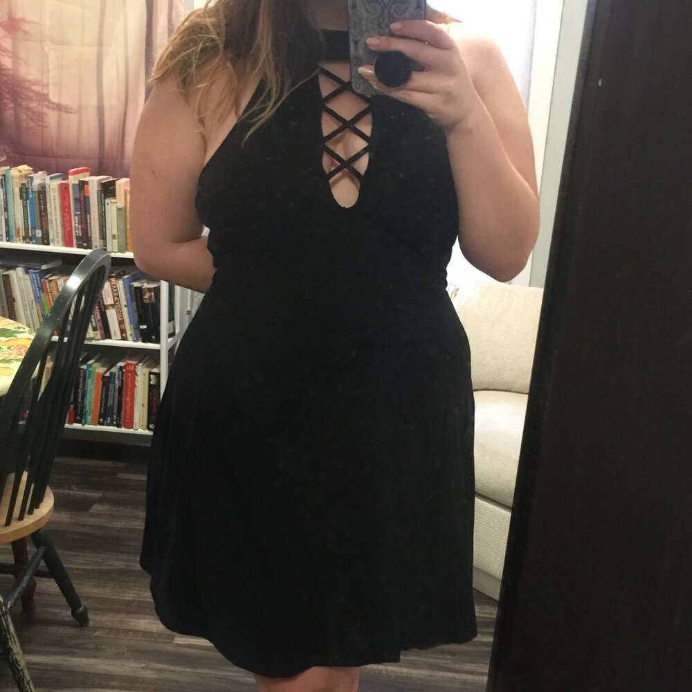 Express Black mini dress with criss cross chest detail